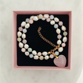 Naszyjnik z Sercem Różowy Kwarc Morganit Perła